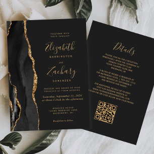 Invitation Code QR Mariage Moderne Agate Noir Or Sombre