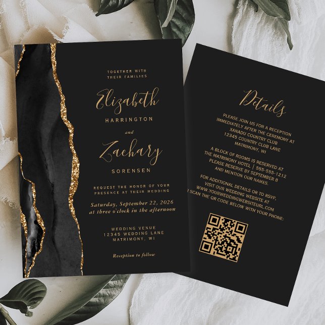 Invitation Code QR Mariage Moderne Agate Noir Or Sombre (Créateur téléchargé)