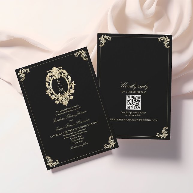 Invitation Code QR Mariage Monogramme Baroque Noir Or (Créateur téléchargé)