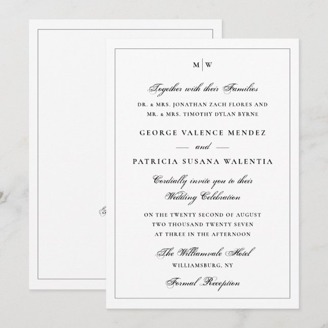 Invitation Code QR Mariage Monogramme Blanc Classique (Devant / Derrière)