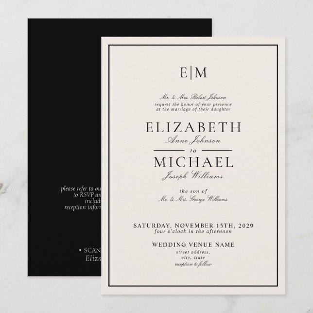 Invitation Code QR Mariage Monogramme Classique Ivoire Noir (Devant / Derrière)