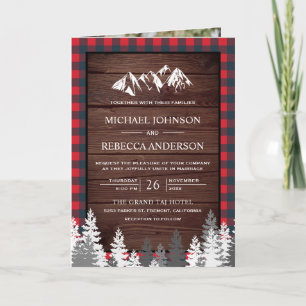 Invitation Code QR mariage montagne plaid rouge buffle en boi