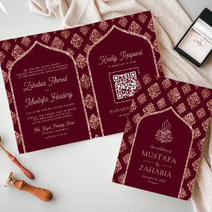 Invitation Code QR Mariage Musulman Arc en Or Rose de Bourgog