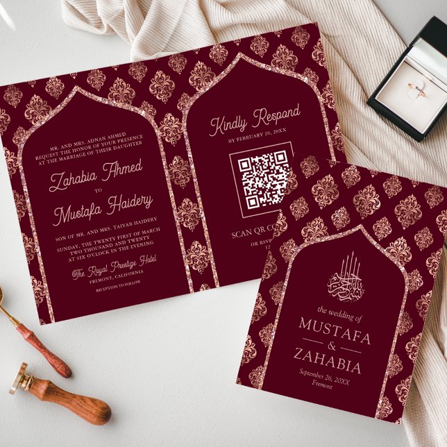 Invitation Code QR Mariage Musulman Arc en Or Rose de Bourgog (Créateur téléchargé)