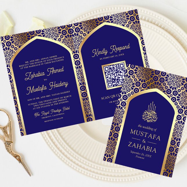 Invitation Code QR Mariage Musulman Arc Persan Bleu Royal (Créateur téléchargé)