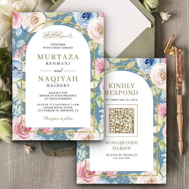 Invitation Code QR Mariage Musulman Bleu Arche Dorée Fleurs D (Créateur téléchargé)