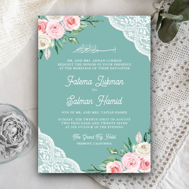 Invitation Code QR Mariage Musulman Dentelle Florale Rose Men (Créateur téléchargé)