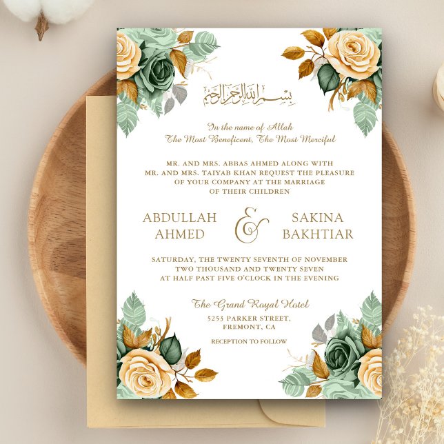 Invitation Code QR Mariage Musulman Floral Crème Verte Or (Créateur téléchargé)