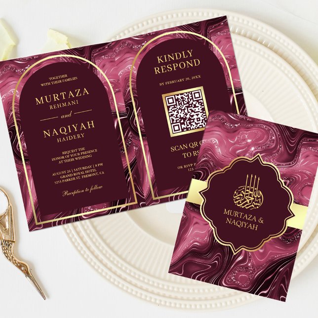 Invitation Code QR Mariage Musulman Marbre Agate Bourgogne (Créateur téléchargé)