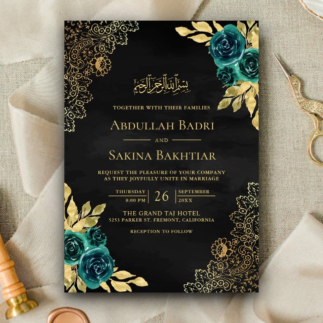 Invitation Code QR Mariage Musulman Noir Broderie Florale Éme (Créateur téléchargé)