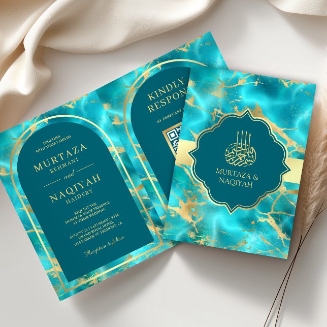 Invitation Code QR Mariage Musulman Or Eau Bleu Aqua (Créateur téléchargé)