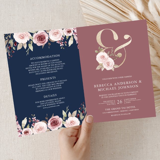Invitation Code QR mariage Navy Fleurs Rose Poussiéreuse Espe (Créateur téléchargé)
