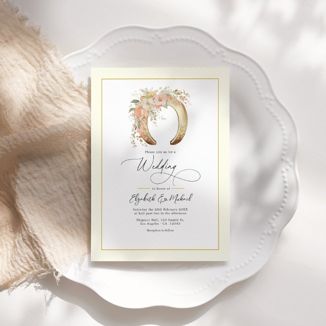 Invitation Code QR Mariage Occidental Fer à Cheval Floral Élé (Elegant Floral Horseshoe Western Wedding QR Code Invitation)