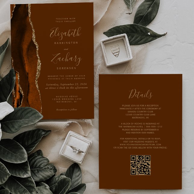 Invitation Code QR Mariage Or Brun Agate Orange Brûlé (Créateur téléchargé)