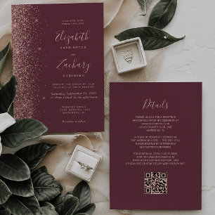 Invitation Code QR Mariage Paillettes Or Rose Bourgogne Foncé