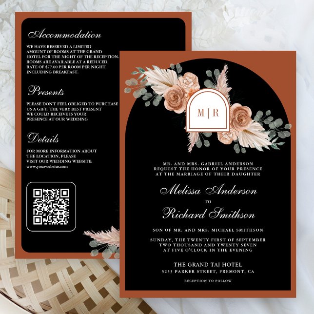 Invitation Code QR Mariage Pampas Floral Terracotta Noir (Créateur téléchargé)