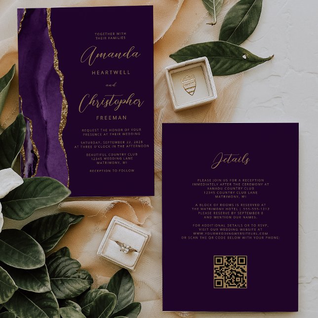 Invitation Code QR Mariage Prune Agate Or Pourpre (Créateur téléchargé)