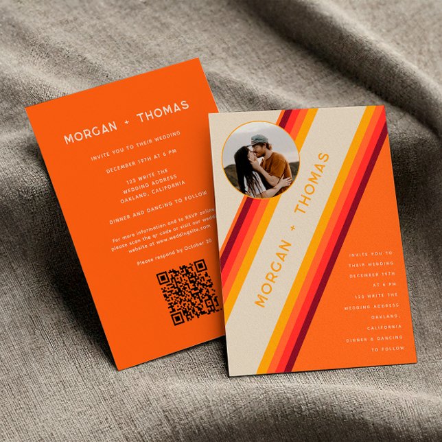 Invitation Code QR Mariage Rayures Orange Brûlé Rétro 70s 80s (Front / Back)