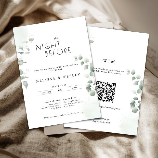 Invitation Code QR Mariage Répétition Végétation Branchue (Greenery eucalyptus rehearsal invitation with qr code.)