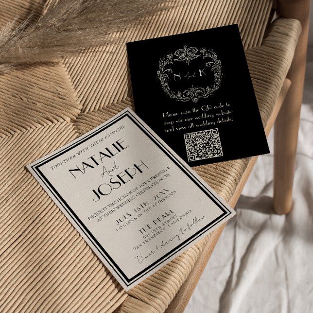 Invitation Code QR Mariage Rétro Argent Noir Élégant de Luxe (Créateur téléchargé)