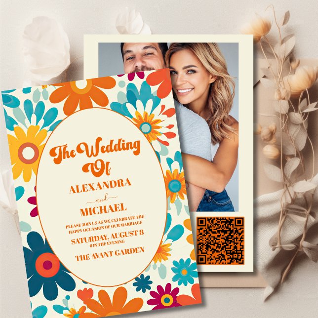 Invitation Code QR Mariage Rétro Moderne Fleur de Daisy des A (Créateur téléchargé)