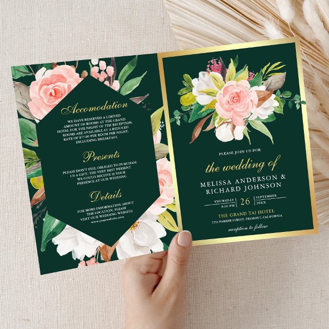 Invitation Code QR Mariage Rose Émeraude Floral Doré (Créateur téléchargé)