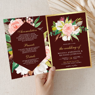 Invitation Code QR Mariage Rose Floral Doré Bourgogne