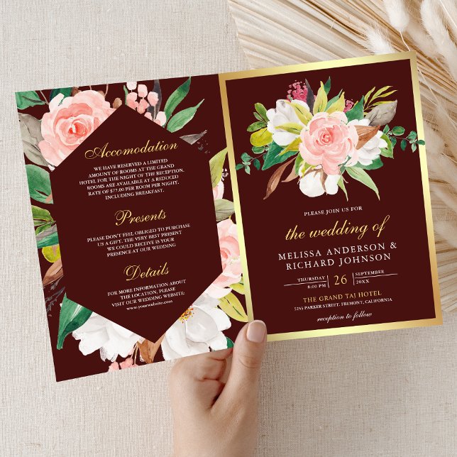 Invitation Code QR Mariage Rose Floral Doré Bourgogne (Créateur téléchargé)