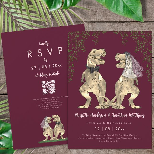 Invitation Code QR Mariage Rose Poudré Bourgogne Dinosaure (T-Rex bride and groom dinosaur wedding burgundy blush pink rsvp qr code invitation )