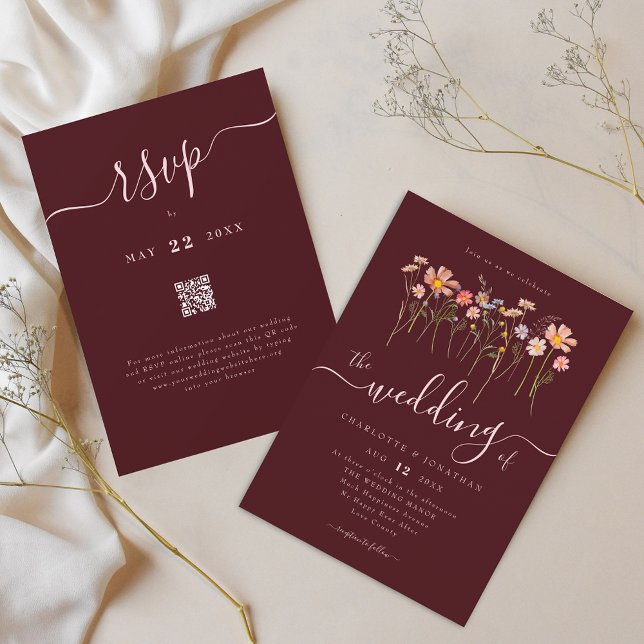 Invitation Code QR Mariage Rose Poudré Bourgogne Fleur Sauvag (Wildflower boho floral burgundy blush pink wedding qr code invitation Whimsical script and flowers)