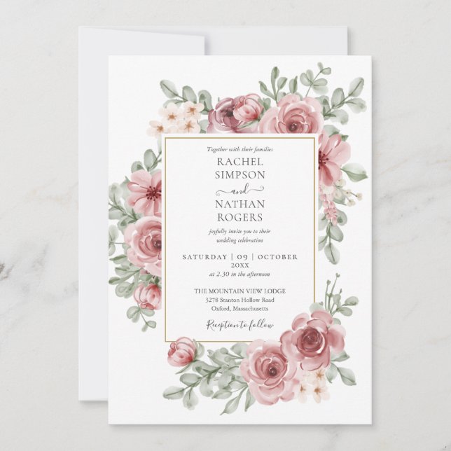 Invitation Code QR Mariage Rose Poussiéreuse Florale (Devant)