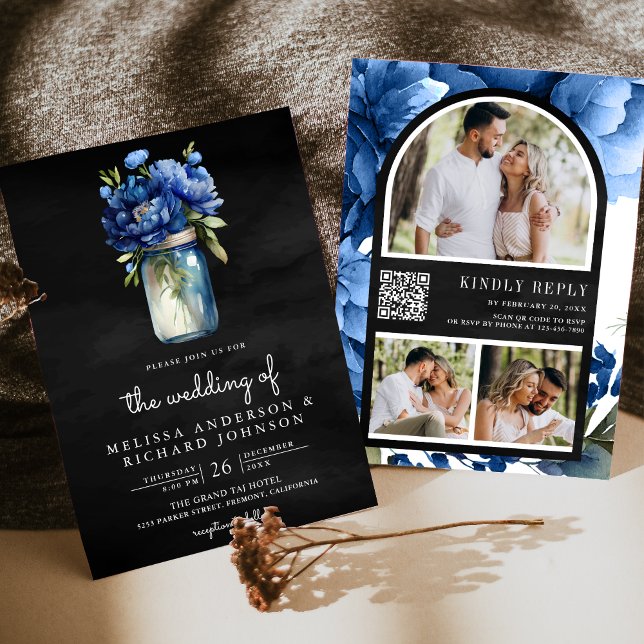 Invitation Code QR Mariage Royal Bleu Floral Bocal Noir (Créateur téléchargé)