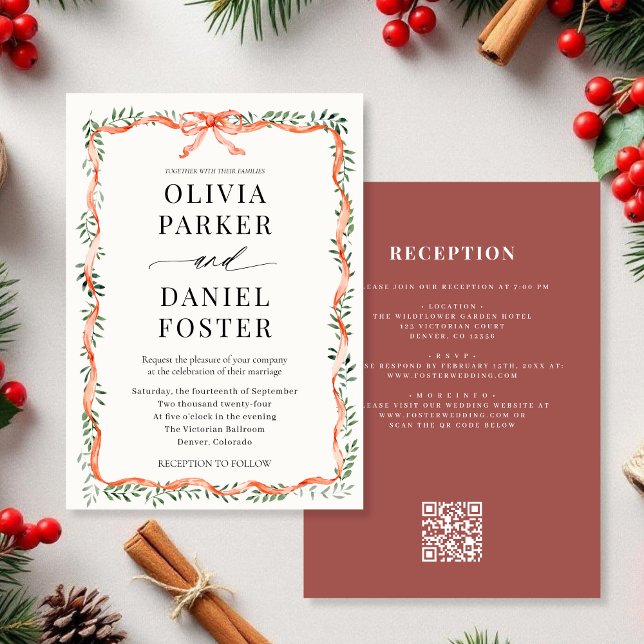 Invitation Code QR Mariage Ruban Rouge & Nœud Feuillage (Créateur téléchargé)