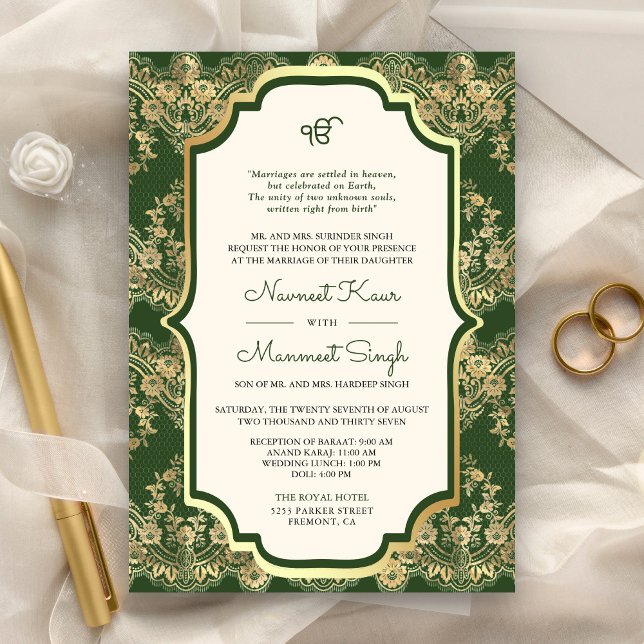 Invitation Code QR Mariage Sikh Anand Karaj Broderie Vert Or (Créateur téléchargé)