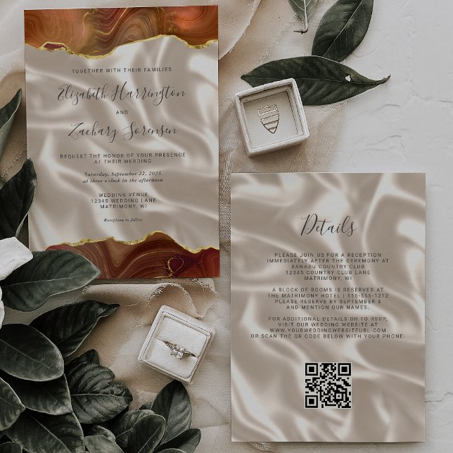 Invitation Code QR Mariage Soie Ivoire Agate Or Orange Brûlé (Créateur téléchargé)