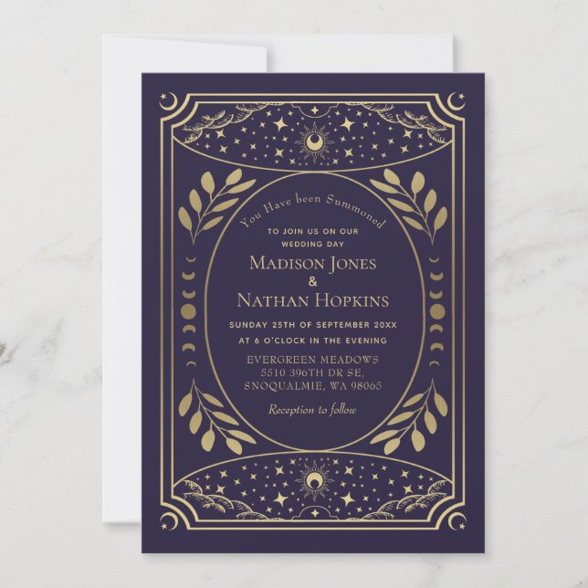Invitation Code QR Mariage Tarot Gothique Violet Or (Devant)