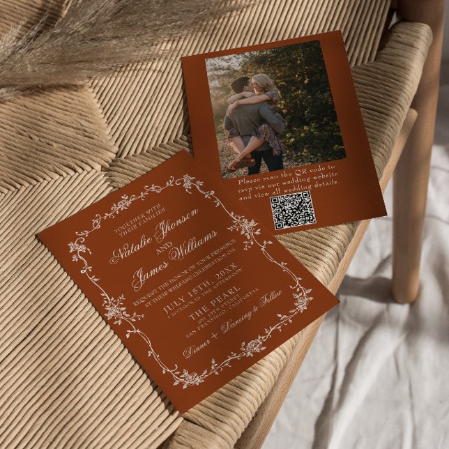 Invitation Code QR Mariage Terre Cuite Florale Orange Brûlé (Créateur téléchargé)