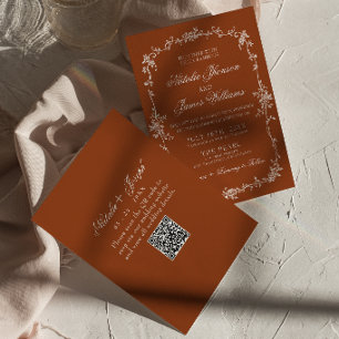 Invitation Code QR Mariage Terre Cuite Florale Orange Brûlé
