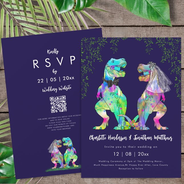 Invitation Code QR Mariage Thème Dinosaure Bleu Marine Rose (Colorful T-Rex bride and groom dinosaur wedding navy blue & white rsvp qr code invitation )