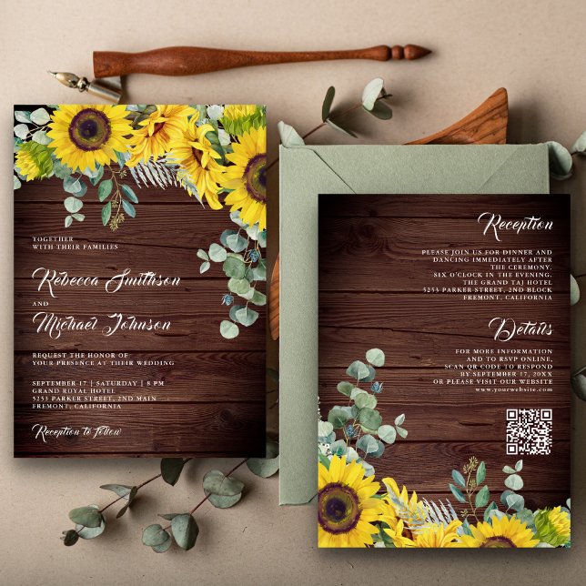 Invitation Code QR Mariage Tournesols Eucalyptus Bois Rustiqu (Créateur téléchargé)
