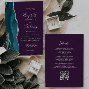 Invitation Code QR Mariage Turquoise Argent Agate Violet