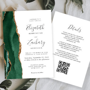 Invitation Code QR Mariage Vert Émeraude Or Agate Blanc