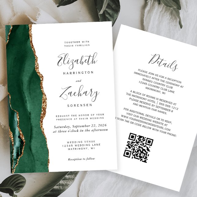Invitation Code QR Mariage Vert Émeraude Or Agate Blanc (Créateur téléchargé)