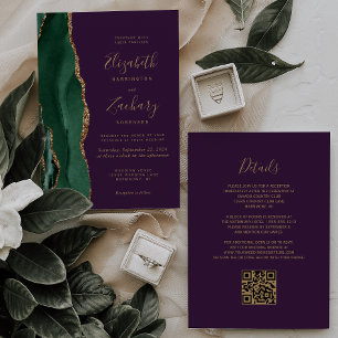 Invitation Code QR Mariage Vert Émeraude Or Agate Violet