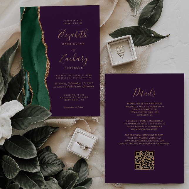Invitation Code QR Mariage Vert Émeraude Or Agate Violet (Créateur téléchargé)