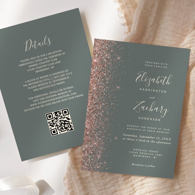 Invitation Code QR Mariage Vert Sauge Foncé Paillettes Or Ros (Créateur téléchargé)