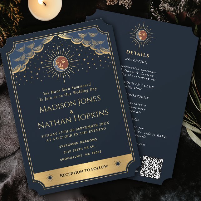 Invitation Code QR Mariage vintage Gold Sun Moon Tarot (Créateur téléchargé)