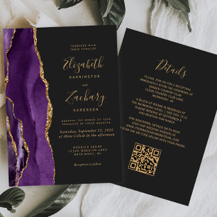 Invitation Code QR Mariage Violet Agate Sombre Or