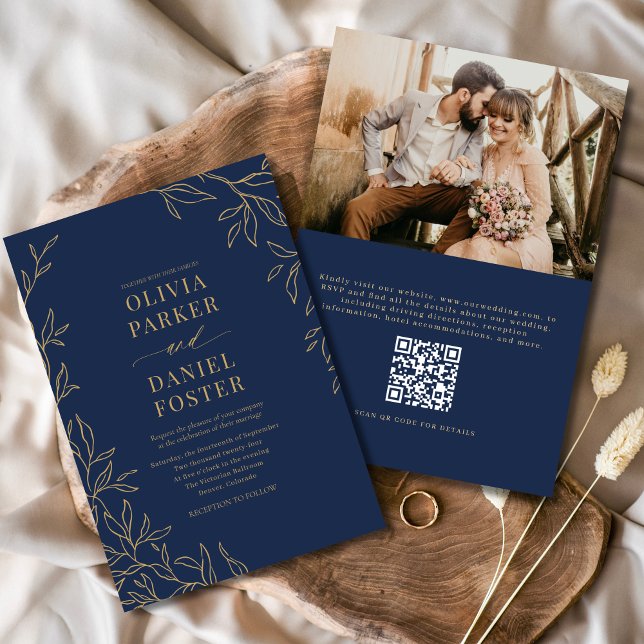 Invitation Code QR Marine Blue Gold Photo Mariage élégant (Créateur téléchargé)