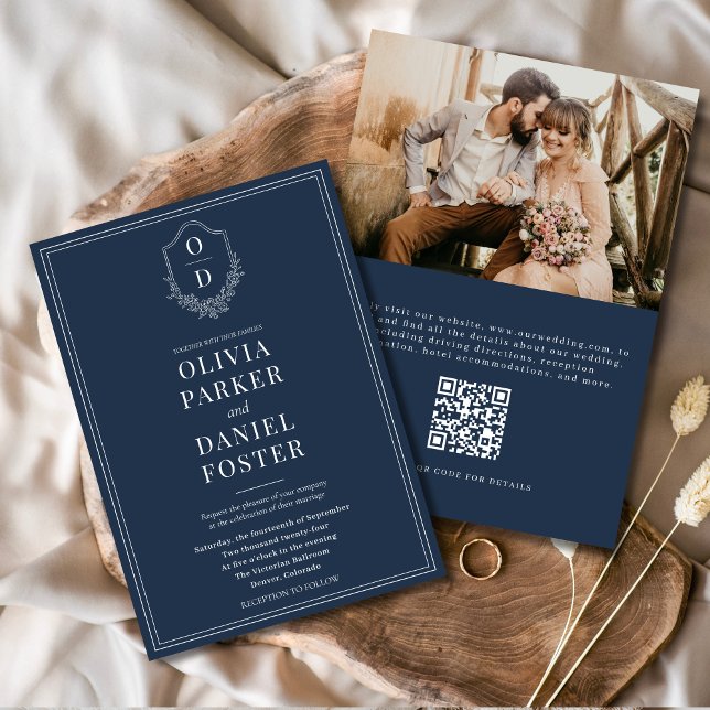 Invitation Code QR Marine Crest Bleu Photo Mariage élégant (Créateur téléchargé)